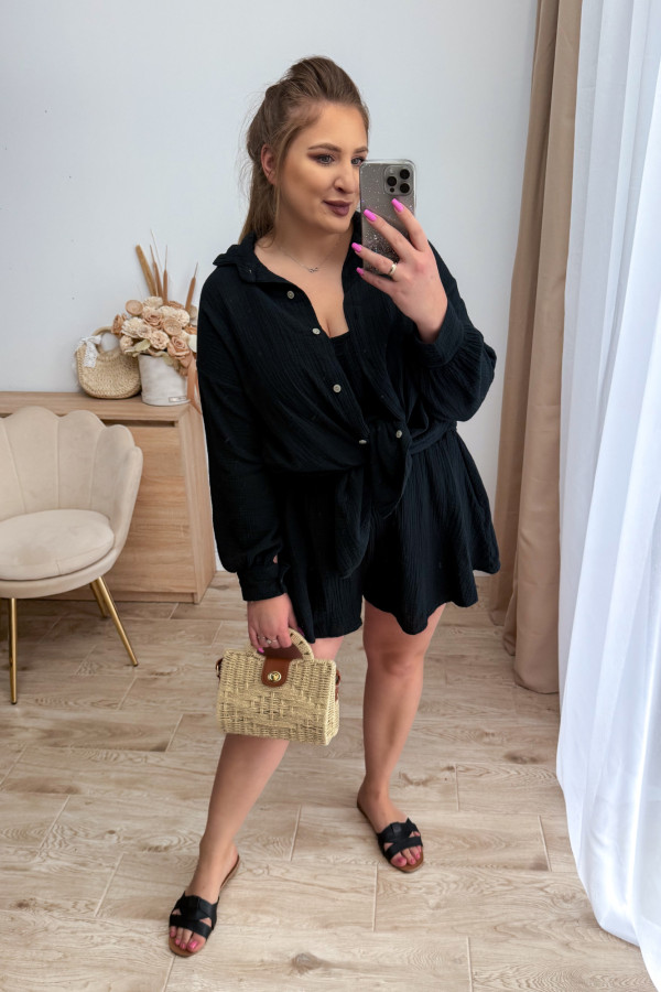 Komplet muślinowy plus size bluzka+koszula+spodenki Fifi - czarny 3
