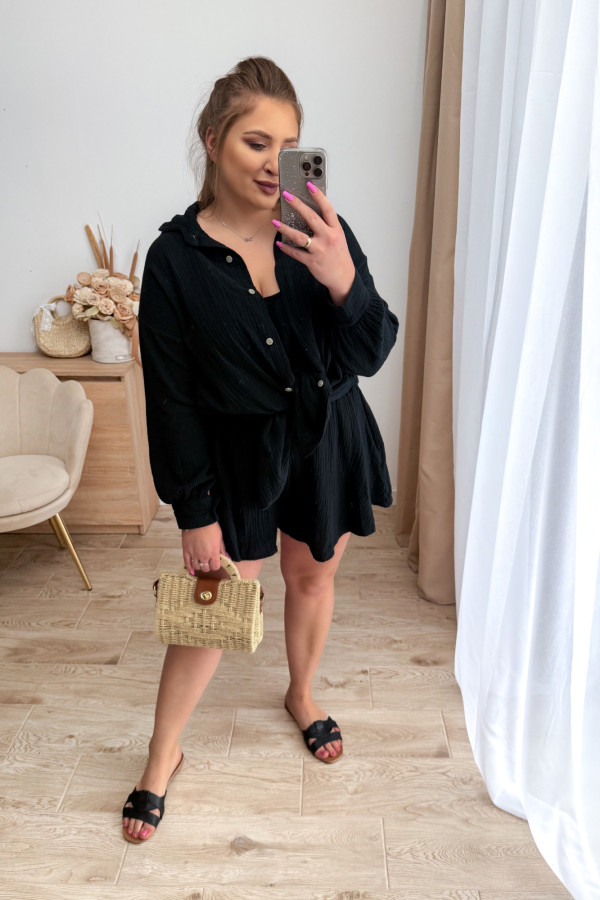 Komplet muślinowy plus size bluzka+koszula+spodenki Fifi - czarny 4
