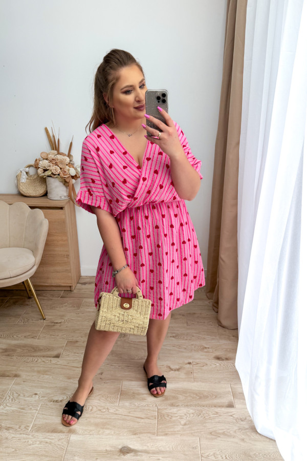 Sukienka plus size muślinowa różowa w serduszka i paski Nini