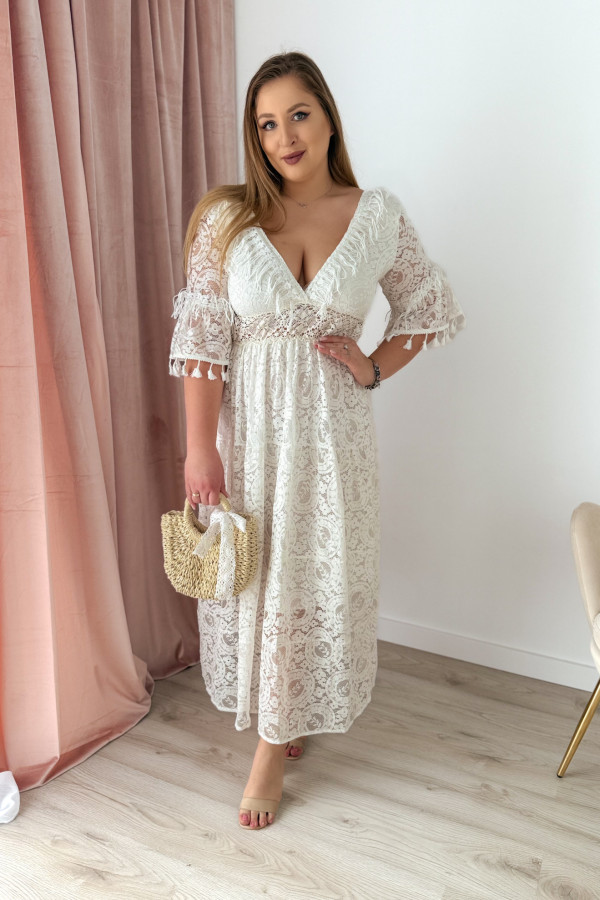 Sukienka maxi na krótki rękaw boho Evelina - kremowa