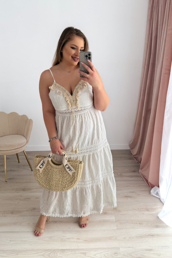 Sukienka maxi na ramiączka boho Saphira - kremowa 11