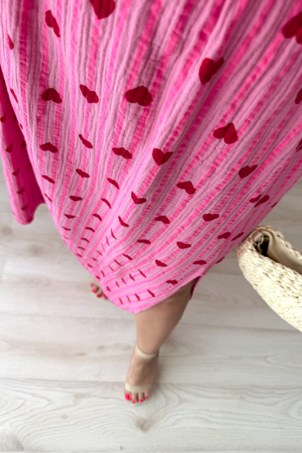 Sukienka midi plus size muślinowa różowa w serduszka i paski Nini 8