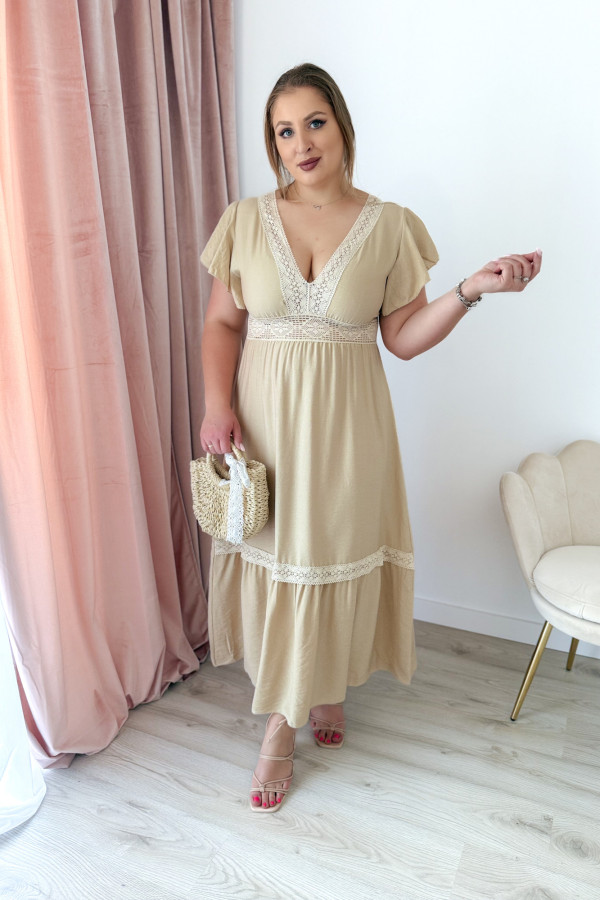 Sukienka boho maxi z koronkowymi wstawkami Boheme - beż