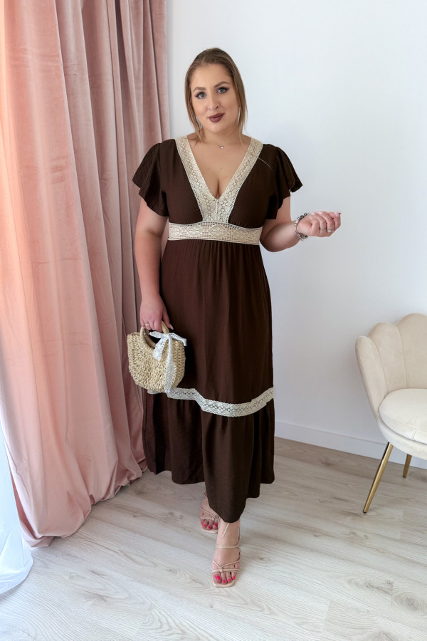 Sukienka boho maxi z koronkowymi wstawkami Boheme - czekolada 2