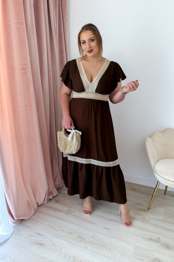 Sukienka boho maxi z koronkowymi wstawkami Boheme - czekolada 3