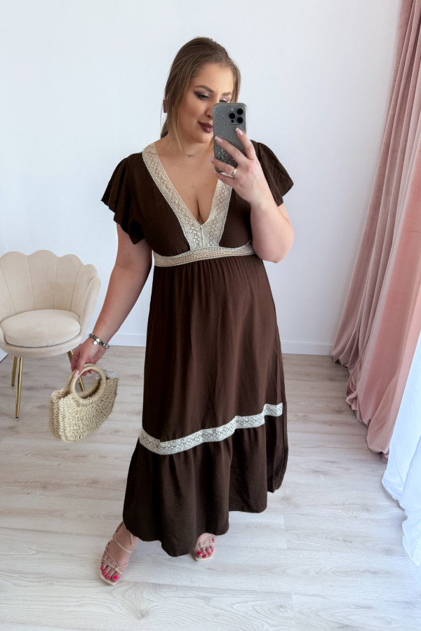 Sukienka boho maxi z koronkowymi wstawkami Boheme - czekolada 9