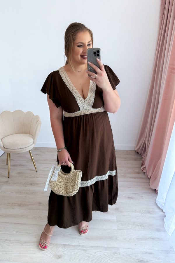 Sukienka boho maxi z koronkowymi wstawkami Boheme - czekolada 11