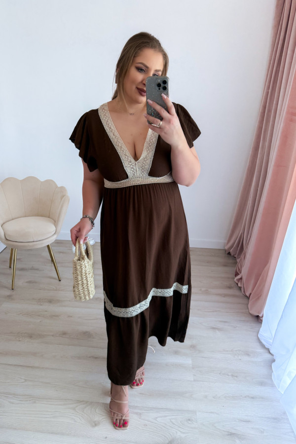 Sukienka boho maxi z koronkowymi wstawkami Boheme - czekolada 12