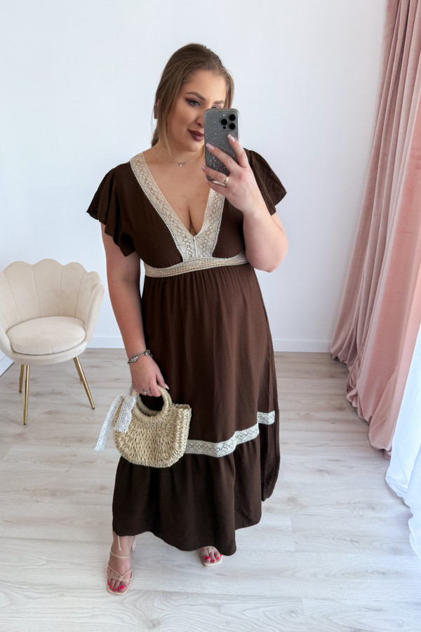 Sukienka boho maxi z koronkowymi wstawkami Boheme - czekolada 13