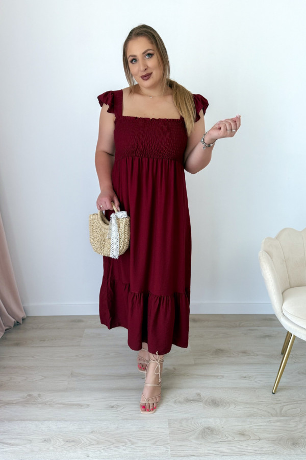 Sukienka maxi na ramiączka z falbankami Keira - bordo
