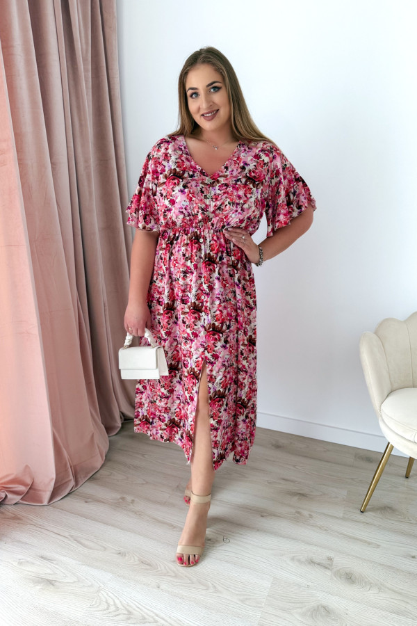 Sukienka plus size wiskozowa midi z dekoltem V koralowo-różowe kwiatki Calina