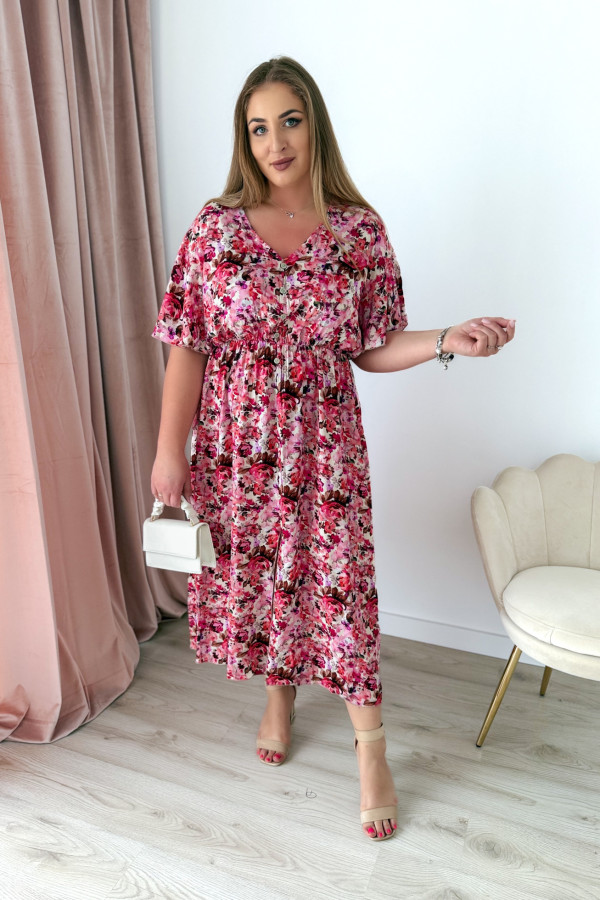 Sukienka plus size wiskozowa midi z dekoltem V koralowo-różowe kwiatki Calina 2