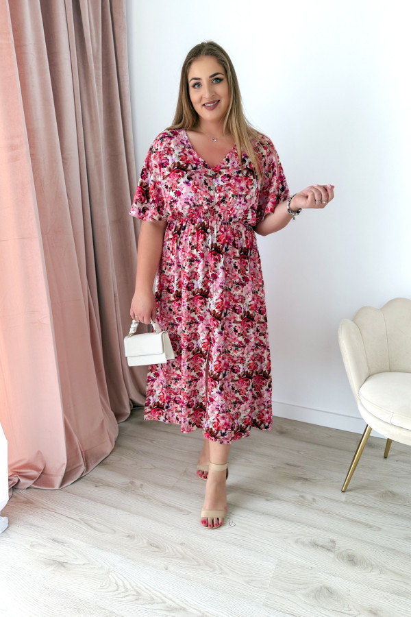 Sukienka plus size wiskozowa midi z dekoltem V koralowo-różowe kwiatki Calina 5