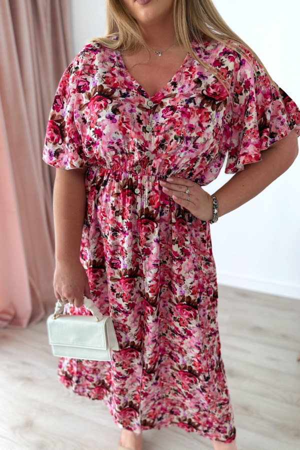 Sukienka plus size wiskozowa midi z dekoltem V koralowo-różowe kwiatki Calina 6