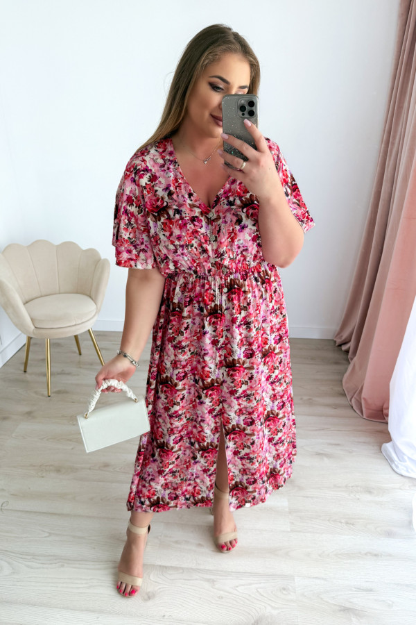 Sukienka plus size wiskozowa midi z dekoltem V koralowo-różowe kwiatki Calina 7