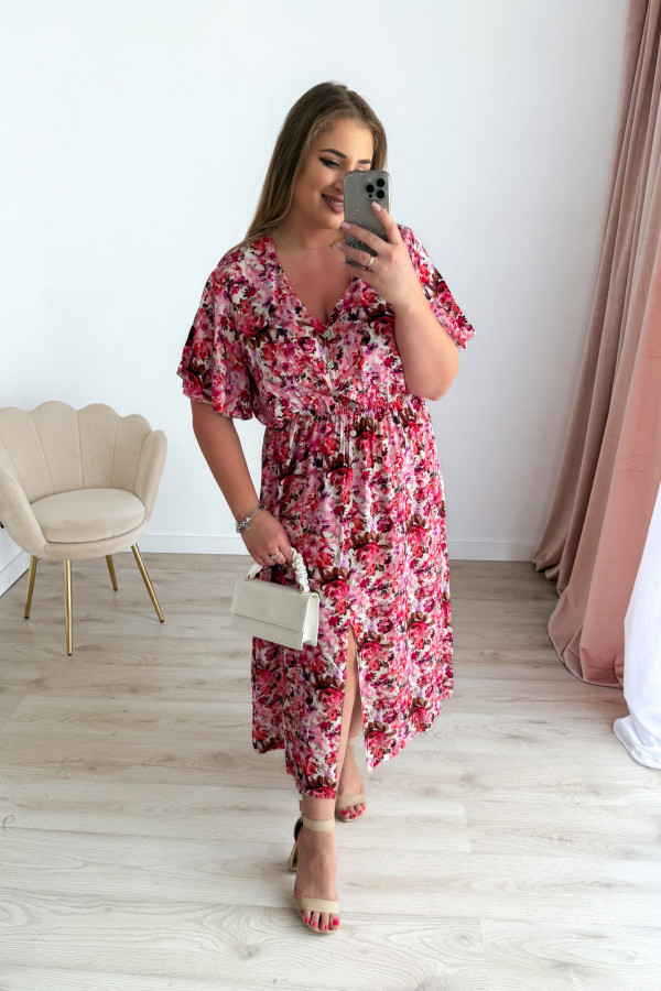 Sukienka plus size wiskozowa midi z dekoltem V koralowo-różowe kwiatki Calina 8