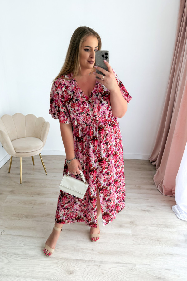 Sukienka plus size wiskozowa midi z dekoltem V koralowo-różowe kwiatki Calina 9