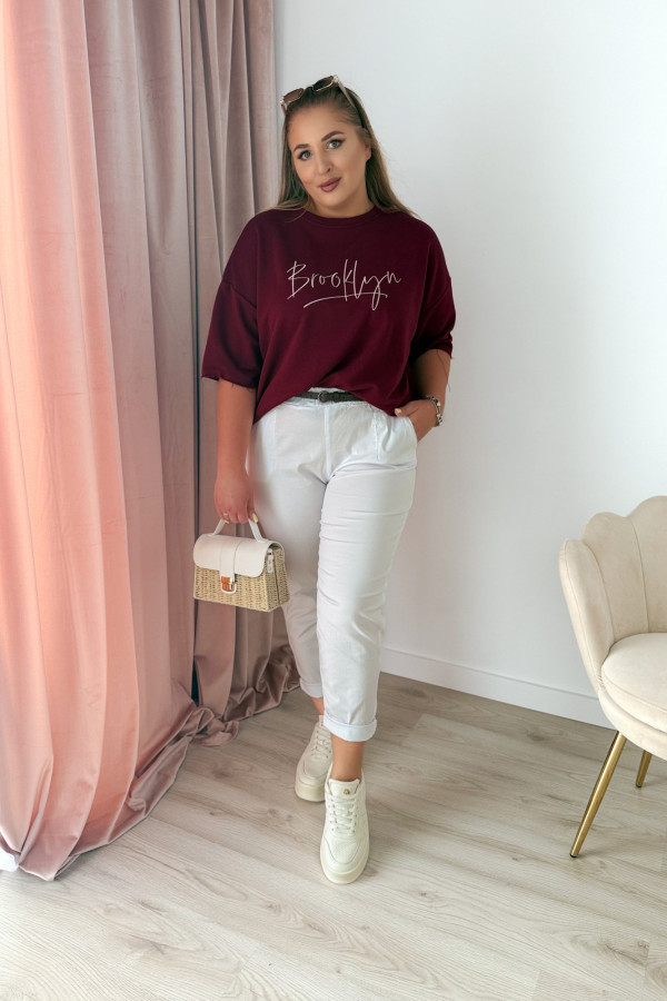 Bluza oversize na krótki rękaw z wyszytym napisem Brooklyn - bordo