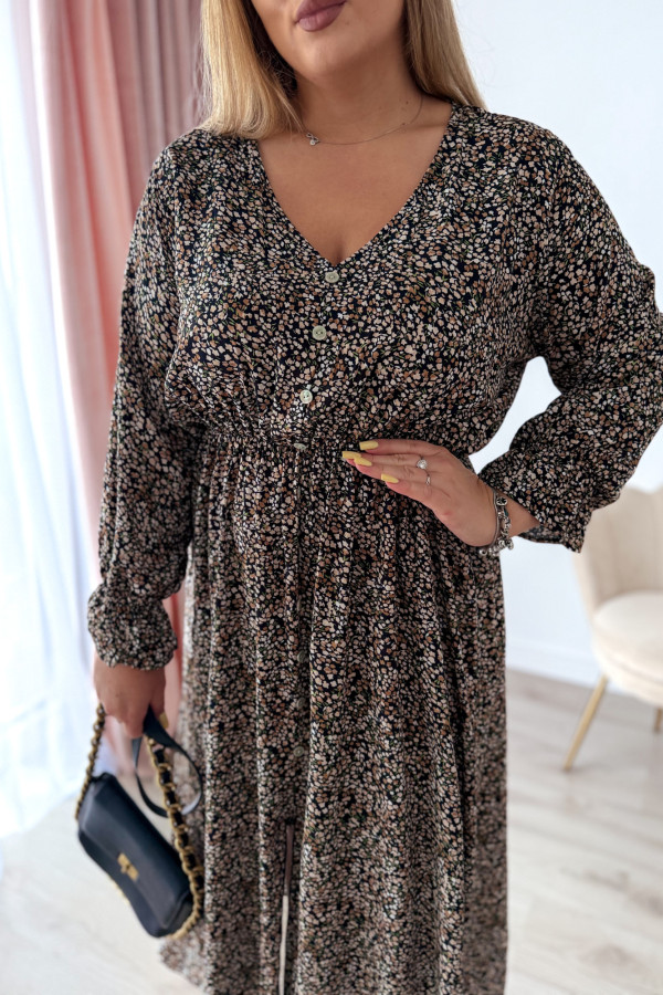 Sukienka plus size wiskozowa midi z dekoltem V czarna w drobne beżowe kwiatki Calina 3