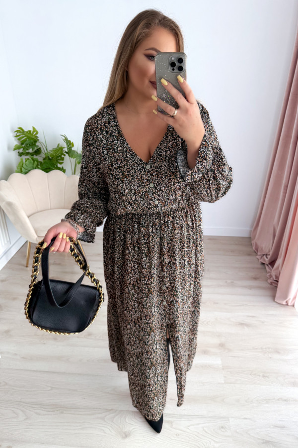 Sukienka plus size wiskozowa midi z dekoltem V czarna w drobne beżowe kwiatki Calina 7