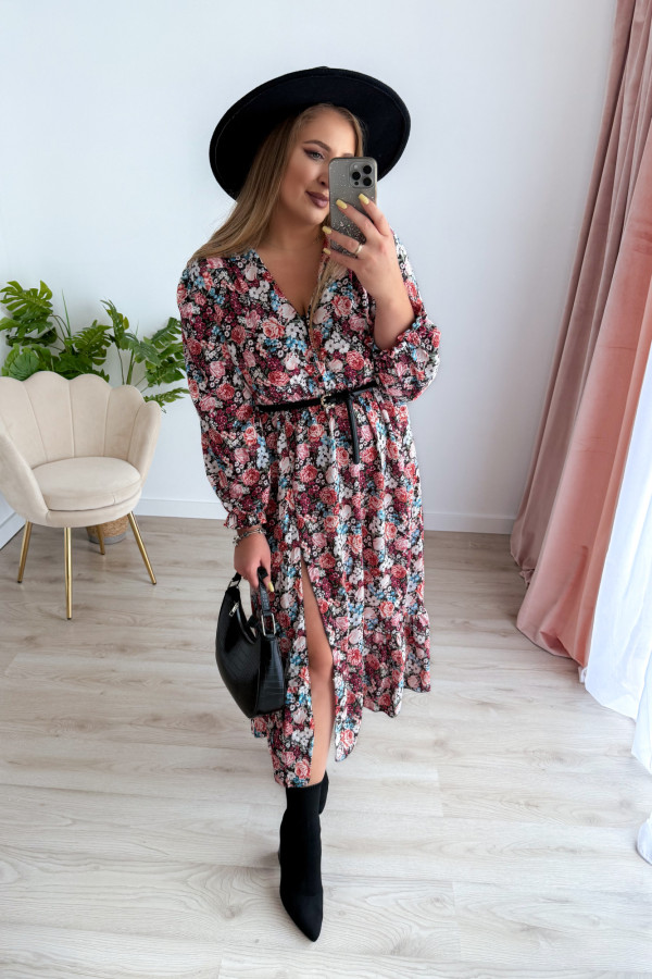 Sukienka midi na długi rękaw w drobne niebiesko-bordowe kwiatki z rozcięciem na nogę plus size Alexandra 11
