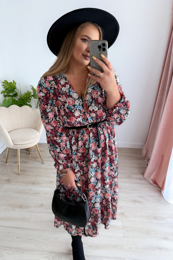 Sukienka midi na długi rękaw w drobne niebiesko-bordowe kwiatki z rozcięciem na nogę plus size Alexandra 19