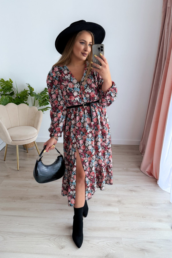 Sukienka midi na długi rękaw w drobne niebiesko-bordowe kwiatki z rozcięciem na nogę plus size Alexandra 18