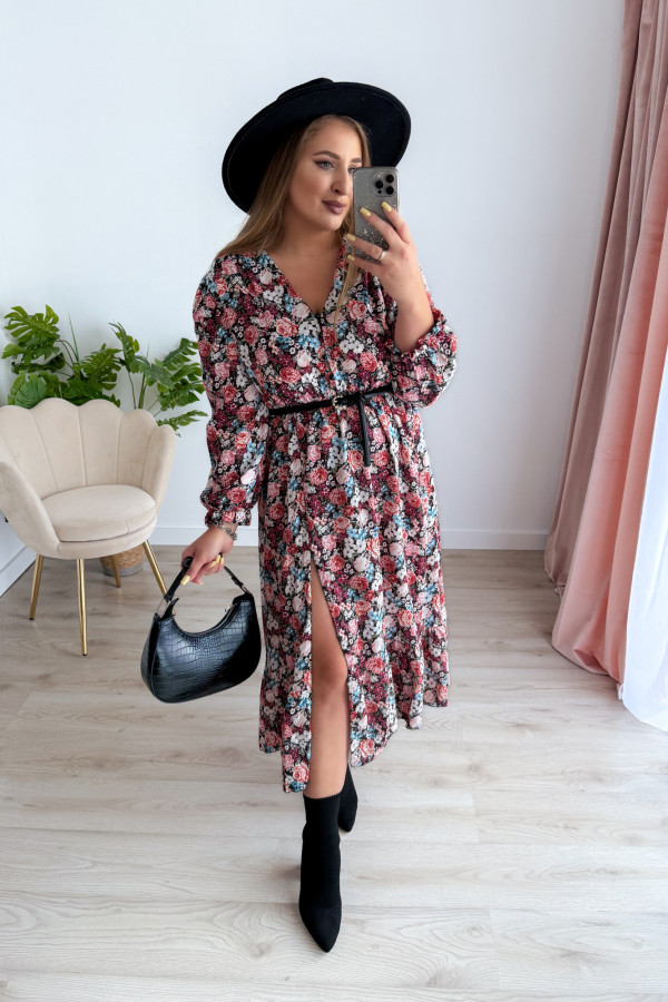 Sukienka midi na długi rękaw w drobne niebiesko-bordowe kwiatki z rozcięciem na nogę plus size Alexandra 17