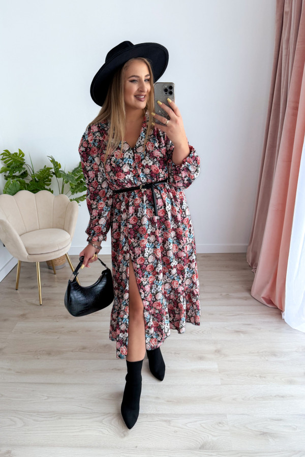 Sukienka midi na długi rękaw w drobne niebiesko-bordowe kwiatki z rozcięciem na nogę plus size Alexandra 16