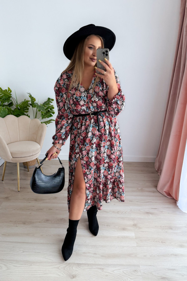 Sukienka midi na długi rękaw w drobne niebiesko-bordowe kwiatki z rozcięciem na nogę plus size Alexandra 15