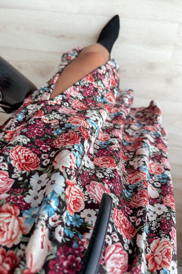 Sukienka midi na długi rękaw w drobne niebiesko-bordowe kwiatki z rozcięciem na nogę plus size Alexandra 14