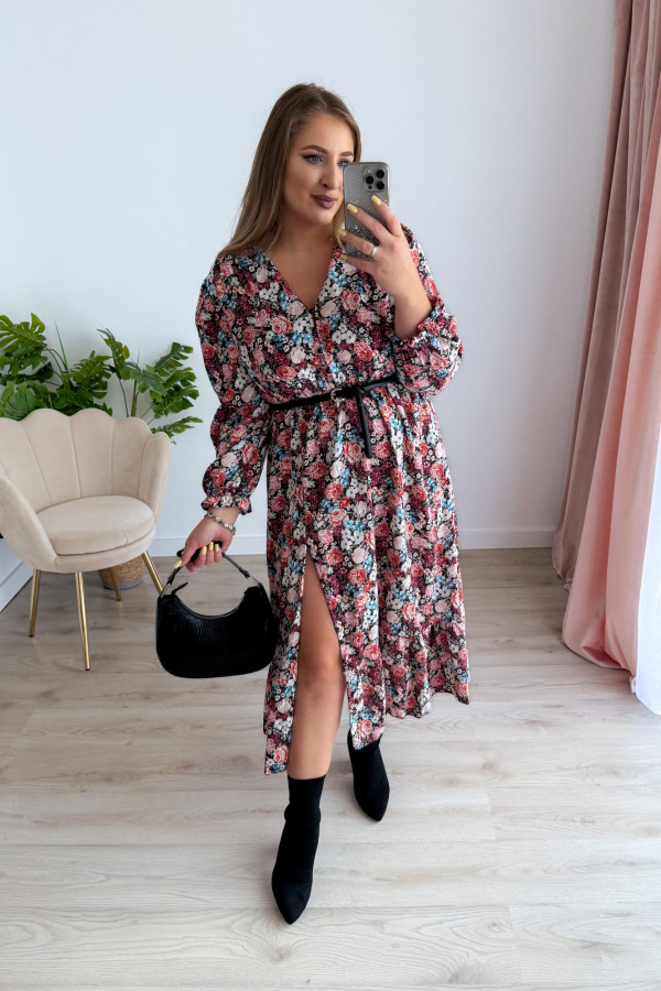 Sukienka midi na długi rękaw w drobne niebiesko-bordowe kwiatki z rozcięciem na nogę plus size Alexandra 13