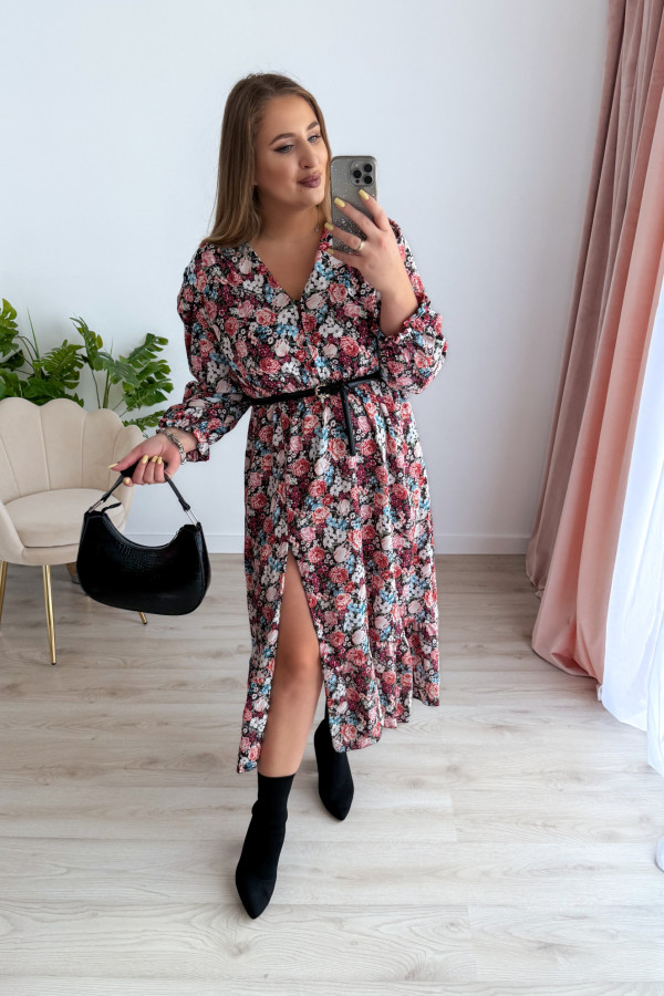 Sukienka midi na długi rękaw w drobne niebiesko-bordowe kwiatki z rozcięciem na nogę plus size Alexandra 12