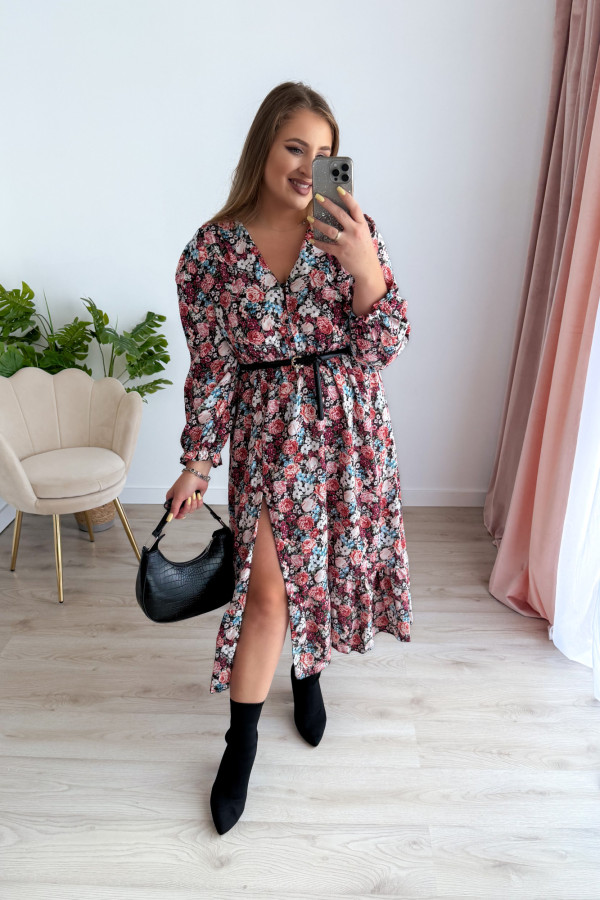 Sukienka midi na długi rękaw w drobne niebiesko-bordowe kwiatki z rozcięciem na nogę plus size Alexandra 1