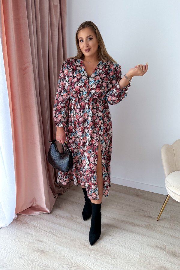 Sukienka midi na długi rękaw w drobne niebiesko-bordowe kwiatki z rozcięciem na nogę plus size Alexandra 10