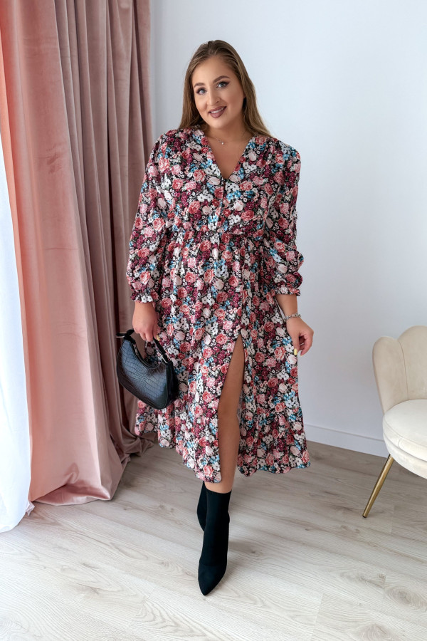 Sukienka midi na długi rękaw w drobne niebiesko-bordowe kwiatki z rozcięciem na nogę plus size Alexandra 9
