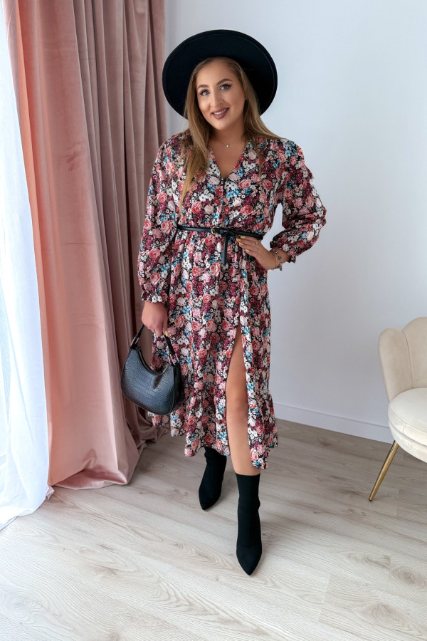 Sukienka midi na długi rękaw w drobne niebiesko-bordowe kwiatki z rozcięciem na nogę plus size Alexandra 8