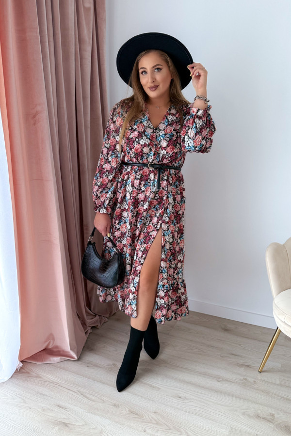 Sukienka midi na długi rękaw w drobne niebiesko-bordowe kwiatki z rozcięciem na nogę plus size Alexandra 7