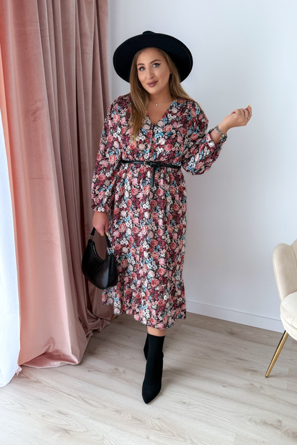 Sukienka midi na długi rękaw w drobne niebiesko-bordowe kwiatki z rozcięciem na nogę plus size Alexandra 6