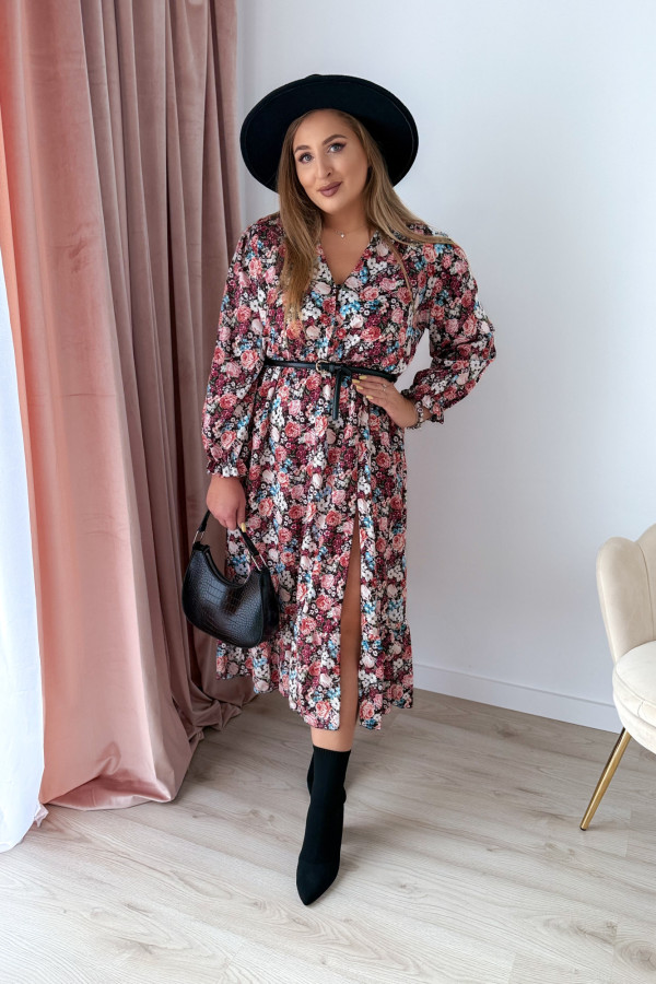 Sukienka midi na długi rękaw w drobne niebiesko-bordowe kwiatki z rozcięciem na nogę plus size Alexandra 5