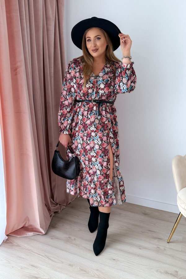 Sukienka midi na długi rękaw w drobne niebiesko-bordowe kwiatki z rozcięciem na nogę plus size Alexandra 3