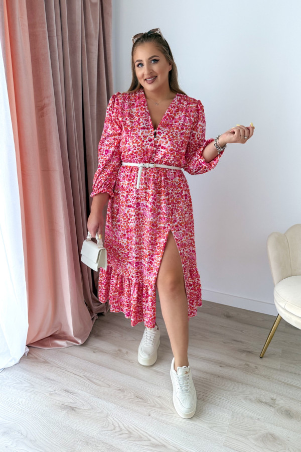 Sukienka midi na długi rękaw w drobne brzoskwiniowo-różowe kwiatki z rozcięciem na nogę plus size Floris 1