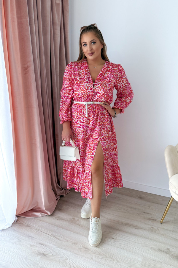 Sukienka midi na długi rękaw w drobne brzoskwiniowo-różowe kwiatki z rozcięciem na nogę plus size Floris 3