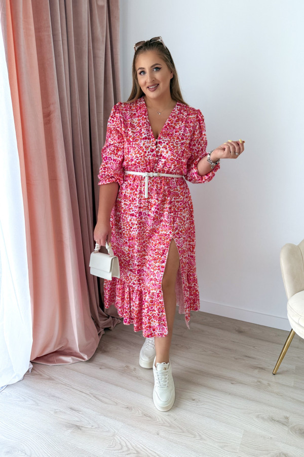 Sukienka midi na długi rękaw w drobne brzoskwiniowo-różowe kwiatki z rozcięciem na nogę plus size Floris 5