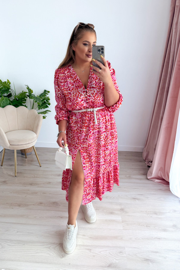 Sukienka midi na długi rękaw w drobne brzoskwiniowo-różowe kwiatki z rozcięciem na nogę plus size Floris 7