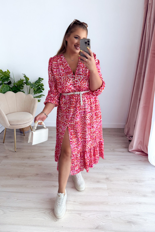 Sukienka midi na długi rękaw w drobne brzoskwiniowo-różowe kwiatki z rozcięciem na nogę plus size Floris 8
