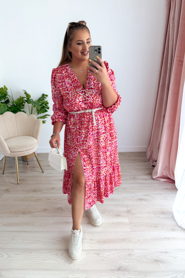 Sukienka midi na długi rękaw w drobne brzoskwiniowo-różowe kwiatki z rozcięciem na nogę plus size Floris 9