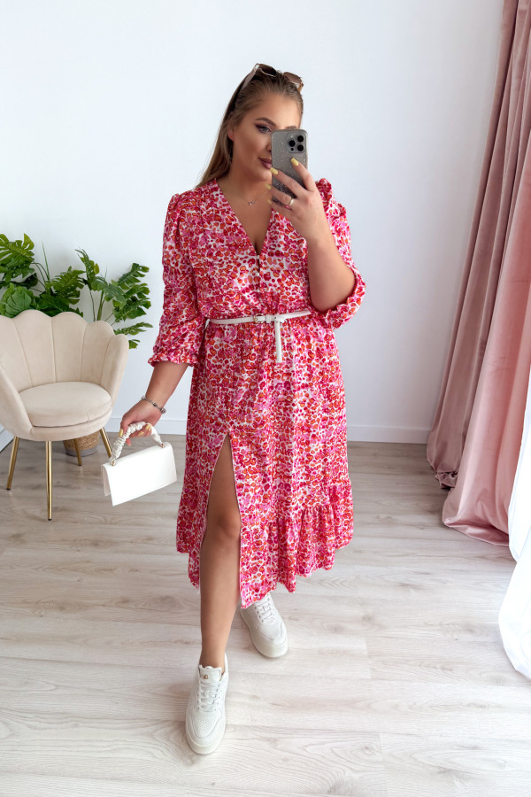 Sukienka midi na długi rękaw w drobne brzoskwiniowo-różowe kwiatki z rozcięciem na nogę plus size Floris 10