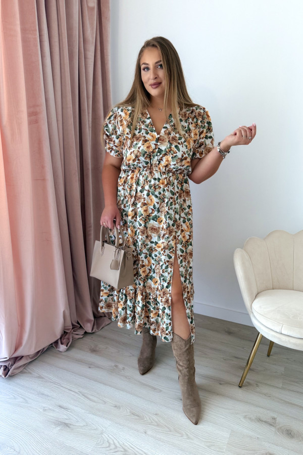 Sukienka midi na krótki rękaw w żółte kwiaty z rozcięciem na nogę plus size Arlette 3