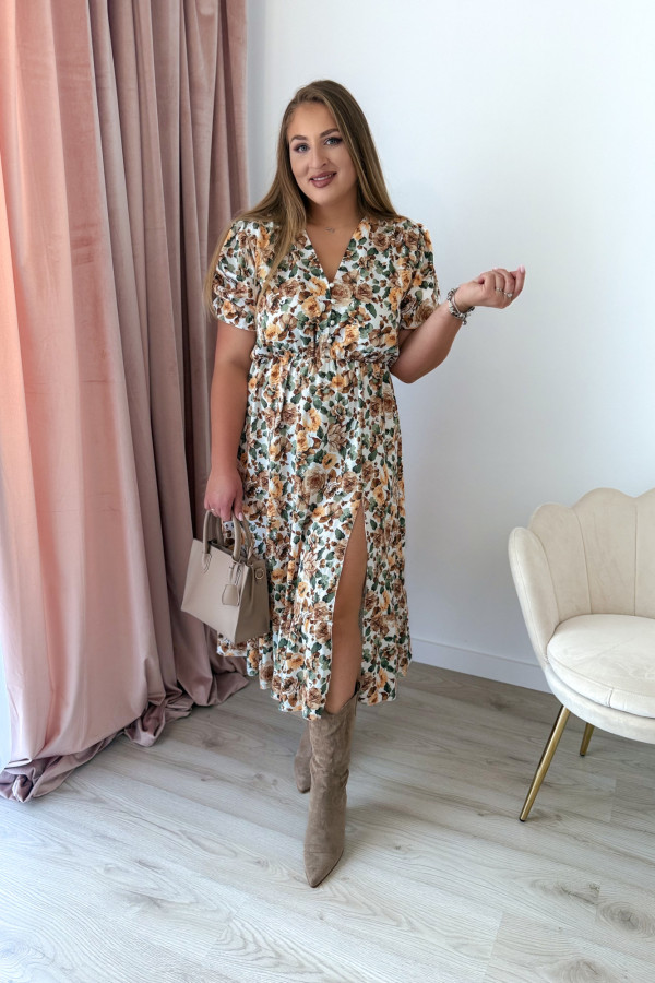 Sukienka midi na krótki rękaw w żółte kwiaty z rozcięciem na nogę plus size Arlette 4